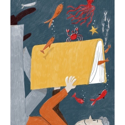 Pessoa deitada com livro amarelo e criaturas marinhas ao redor