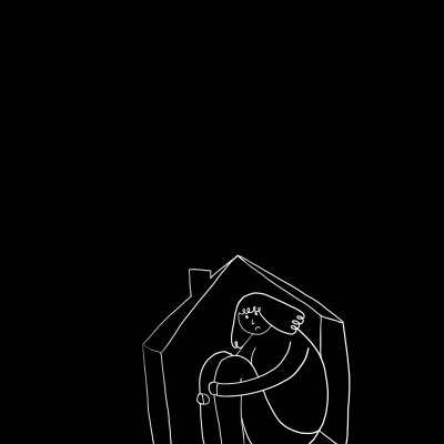 Desenho simples de pessoa sentada dentro do contorno de uma casa sobre fundo preto.