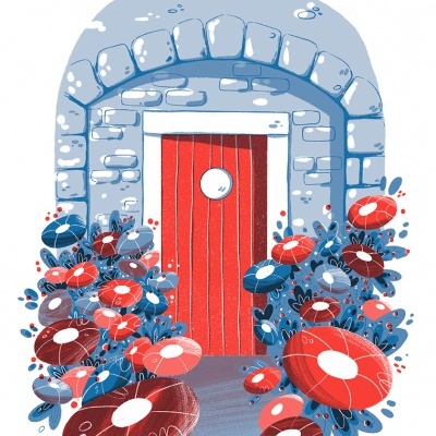 Ilustração de uma porta vermelha numa parede de pedra com flores vermelhas e azuis em redor
