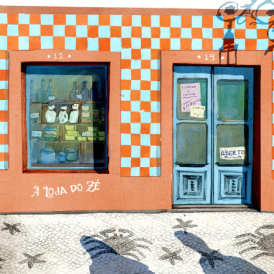 Fachada de loja com azulejos xadrez laranja e branco, porta azul e vitrine com frascos.