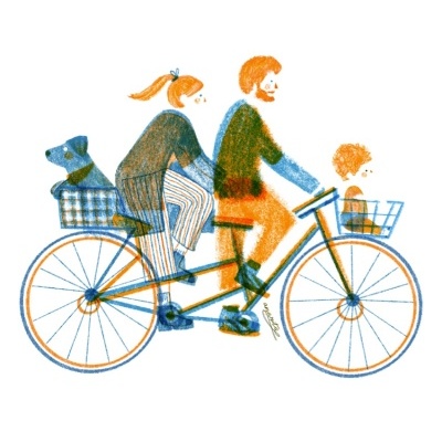 Ilustração de família em bicicleta tandem com cão em cesta