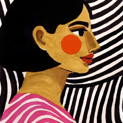 Ilustração artística de mulher de perfil com padrões ondulados no fundo e vestido