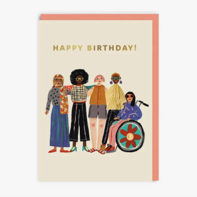Cartão de aniversário com ilustração de cinco pessoas e texto HAPPY BIRTHDAY!