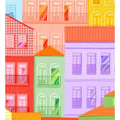 Ilustração colorida de fachadas de edifícios com janelas e varandas