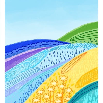 Ilustração abstrata de colinas coloridas com diferentes padrões e um céu azul claro