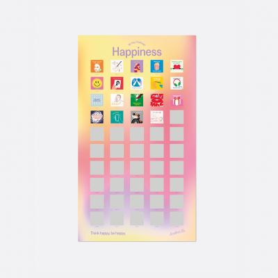 Poster colorido com ícones e texto sobre felicidade.