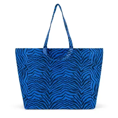 Sacola azul com padrão preto riscas de zebra e alças longas