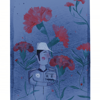 Ilustração homem com casa pequena rodeado por flores vermelhas em fundo azul