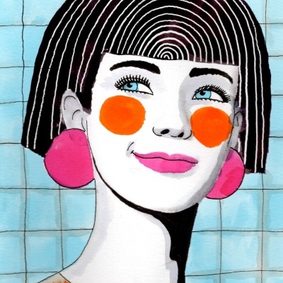 Ilustração de mulher com cabelo castanho e riscas brancas, maçãs do rosto laranja, brincos rosa e fundo de azulejos azuis.
