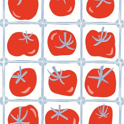 Azulejo decorativo com padrão de tomates vermelhos estilizados em fundo branco