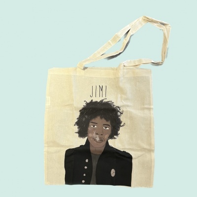 Saco de pano bege com ilustração de homem e texto JIMI