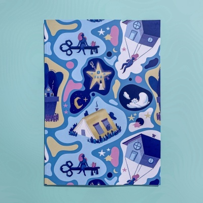 Capa de livro com ilustrações coloridas abstratas e figuras em azul, rosa e amarelo.