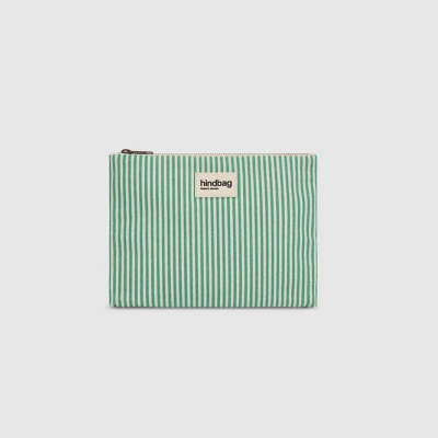 Bolsa de tecido riscada verde e branca com etiqueta hindbag