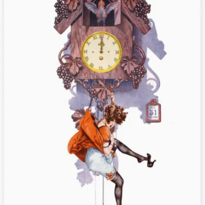 Relógio de cuco decorativo com figura feminina pendurada e detalhes de uvas e folhas