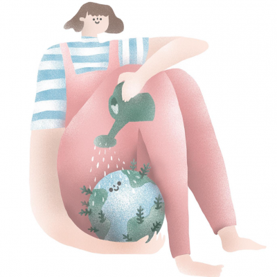 Pessoa a regar um globo terrestre decorado com plantas e sorriso