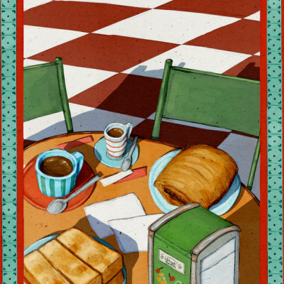 Mesa com pequeno-almoço com café, torradas, croissant, guardanapos e suporte para guardanapos