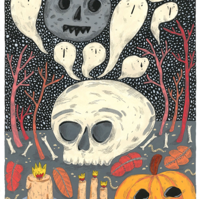 Ilustração de caveiras e abóbora de Halloween com fantasmas, velas e árvores vermelhas.