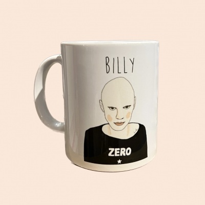 Caneca branca com ilustração de Billy e texto