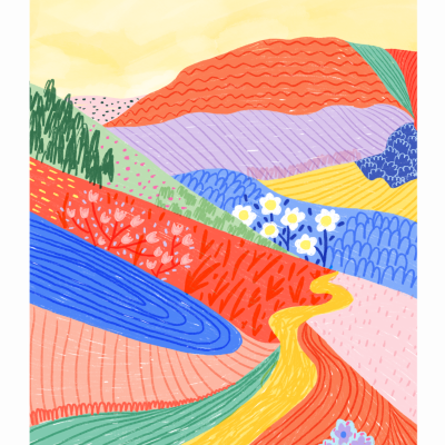 Ilustração de uma paisagem rural colorida com colinas e campos.