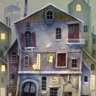 Ilustração de edifício antigo com sinais de garagem, motel e venda