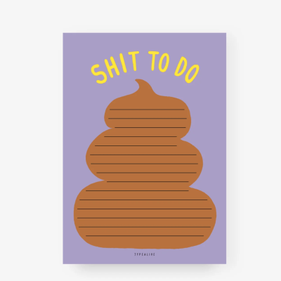 Bloco de notas com desenho castanho e texto amarelo sobre fundo lilás