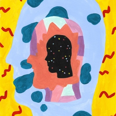 Imagem abstrata com silhuetas coloridas sobre fundo amarelo com linhas vermelhas