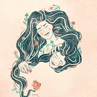 Ilustração de duas faces femininas entrelaçadas com cabelos e flores