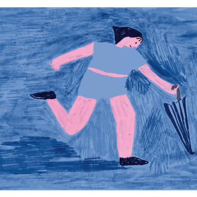 Ilustração de pessoa segurando um guarda-chuva fechado no fundo azul