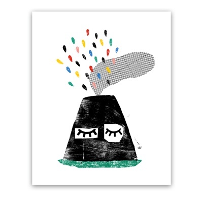 Ilustração abstrata triangular preta com olhos e pontos coloridos no topo