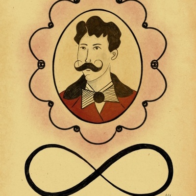 Desenho vintage de retrato oval de homem com bigode e símbolo infinito