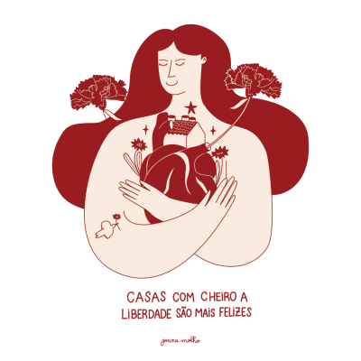 Mulher com cabelo vermelho a abraçar um coração com uma casa e flores, com texto em português em baixo.