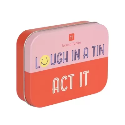 Lata metálica rosa e vermelha com texto e smile amarelo