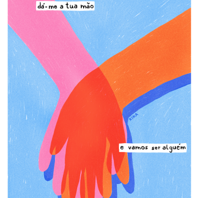 Ilustração colorida de duas mãos dadas com texto em português