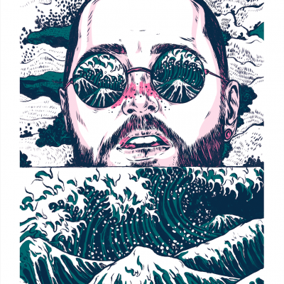 Ilustração de rosto masculino com óculos refletindo ondas e cena com ondas e montanhas