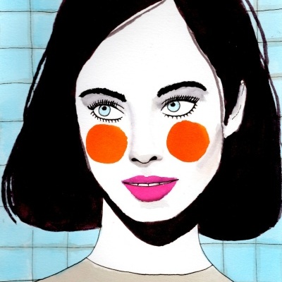 Ilustração de mulher com bochechas laranja e fundo de azulejos azuis