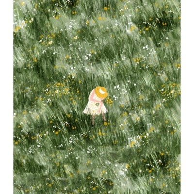 Ilustração aérea de pessoa com chapéu numa relva florida