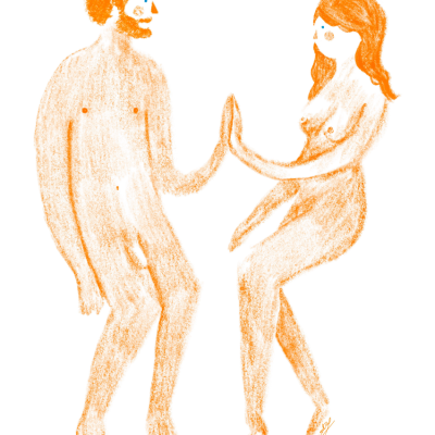 Desenho em laranja de um homem e uma mulher nus com detalhes faciais numa pose de mãos juntas