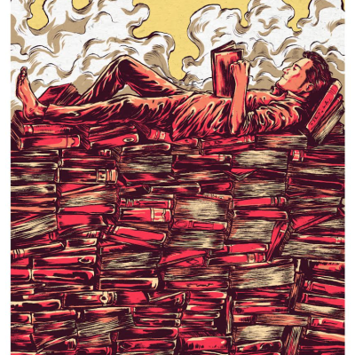 Ilustração de homem a ler deitado em pilha de livros vermelhos e castanhos sob céu amarelo com nuvens.
