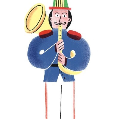 Desenho de soldado da guarda azul e branco com chapéu verde e vermelho a tocar instrumento amarelo.