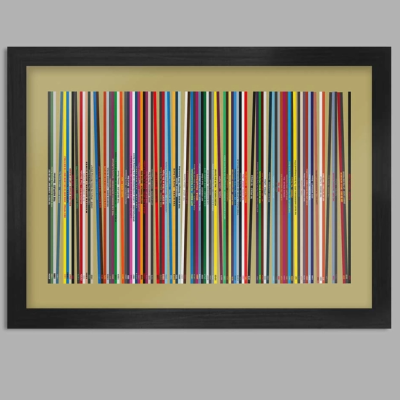 Moldura preta com lápis coloridos alinhados verticalmente sobre fundo bege