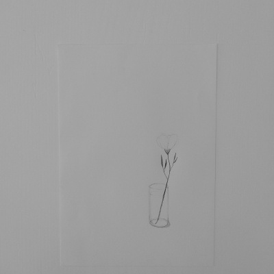 Desenho minimalista a lápis de uma flor num vaso cilíndrico numa parede cinza claro