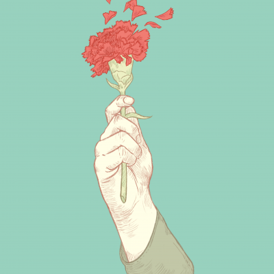 Mão segurando cravo vermelho com pétalas a desvanecer no ar em fundo azul claro