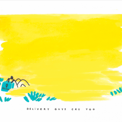 Ilustração de uma aranha preta com uma caixa azul e texto 'DELIVERY GUYS CRY TOO'