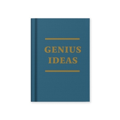 Caderno azul com texto dourado GENIUS IDEAS na capa.