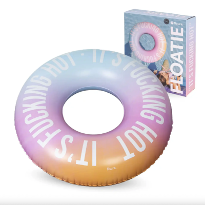 Boia insuflável redonda colorida com texto branco 