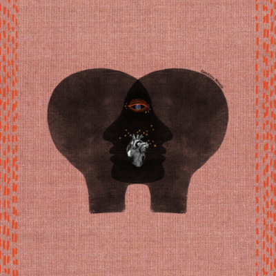 Obra de arte digital com silhuetas negras sobrepostas e coração anatómico no centro