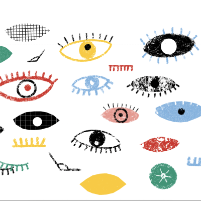 Ilustração colorida de olhos estilizados e formas geométricas