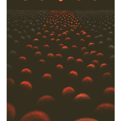 Padrão de bolas pretas e vermelhas com linhas e círculos laranja no topo