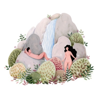 Ilustração de duas pessoas nuas junto a pedras, riacho e plantas decorativas