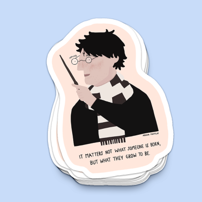 Etiquetas autocolantes com ilustração de personagem com óculos, cachecol preto e branco, varinha mágica e texto em inglês.